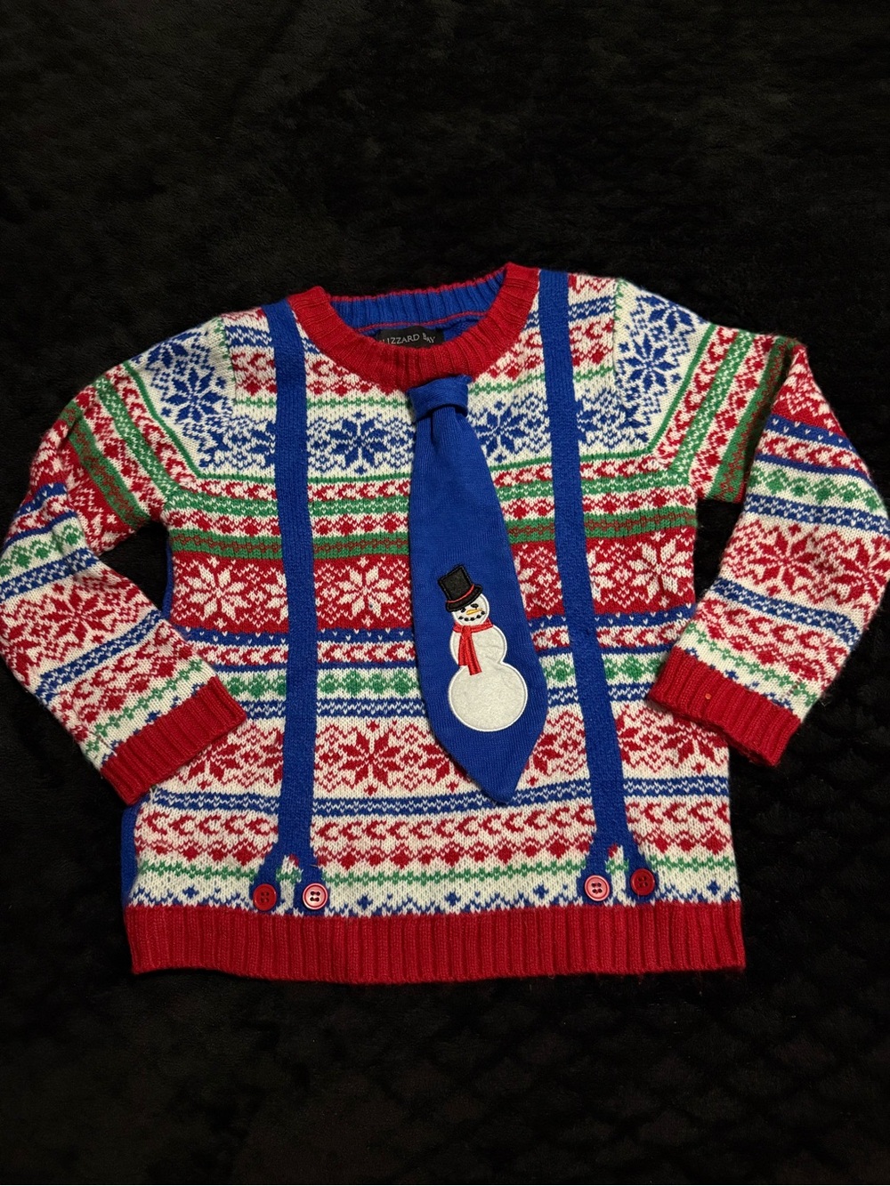Kids Holiday Snowman Sweater with Attached Blue Tie - Red, Blue & White